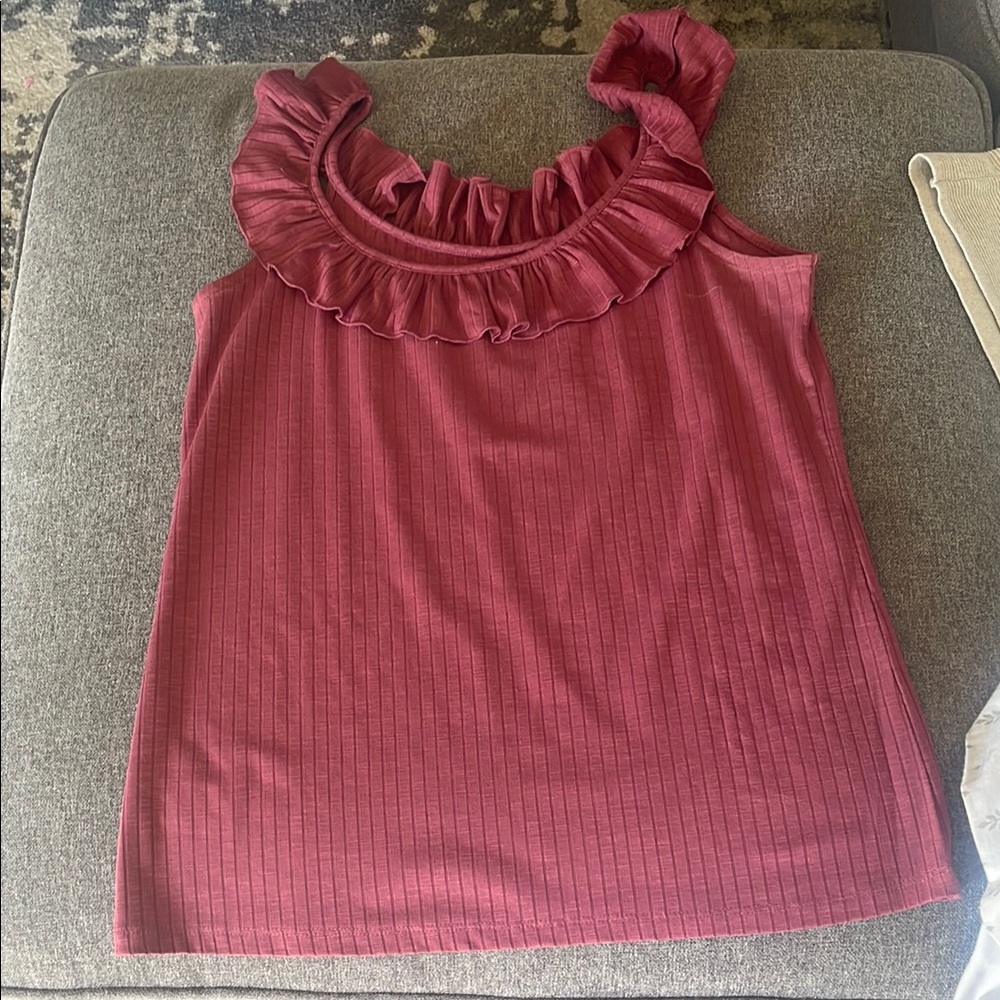 LOFT Pink Ruffled Ribbed Tank Top